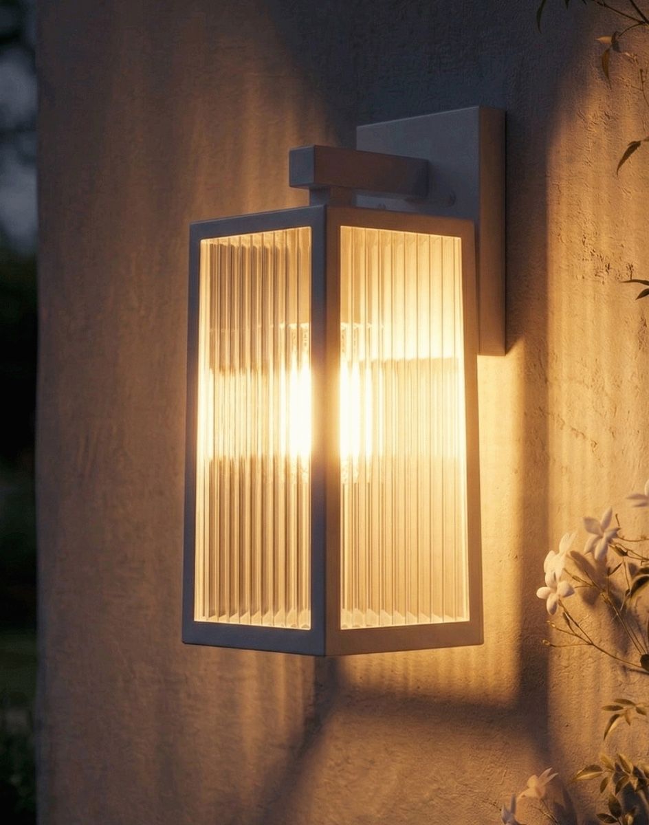 Digital Illustration of the White Version of the Davenport Ribbed Glass Wall Light Lit up at Night