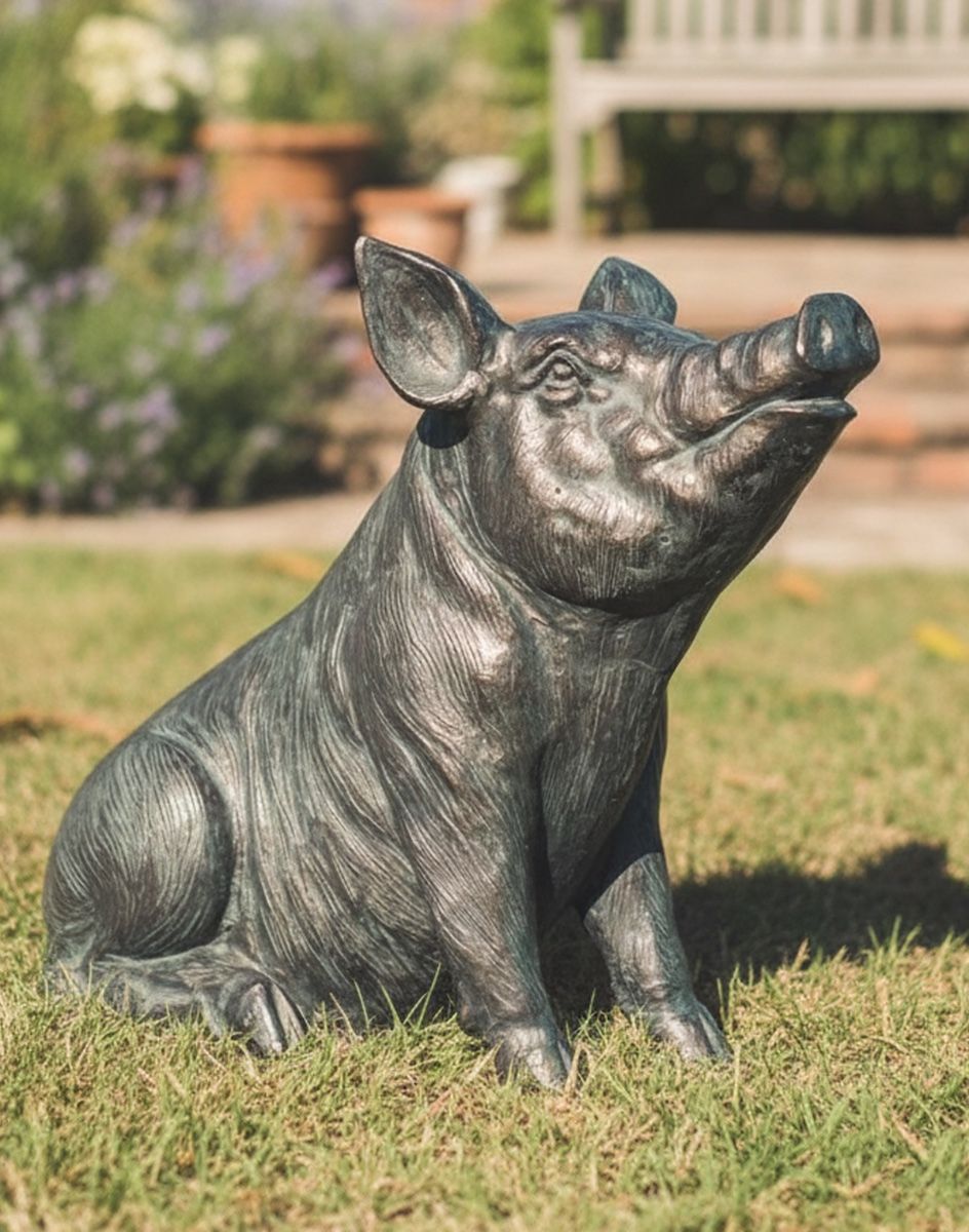 Digital illustration of a ‘Truffle’ the Pig Cast Aluminium Garden Sculpture on a sunny garden lawn