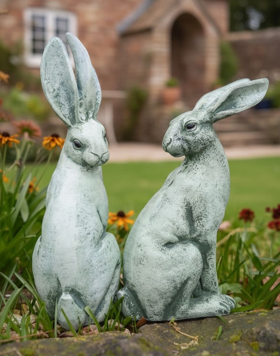 Digital Illustration of Verdant Watchers Pair of Sitting Rabbit Garden Sculpture Cast Aluminium in Front of a Countryside Cottage