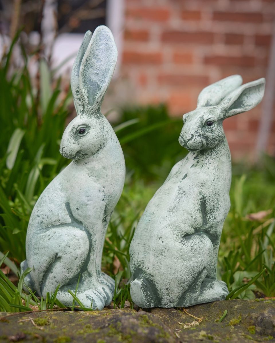 Digital illustration of Verdant Watchers Pair of Sitting Rabbit Garden Sculpture Cast Aluminium pair of hares together