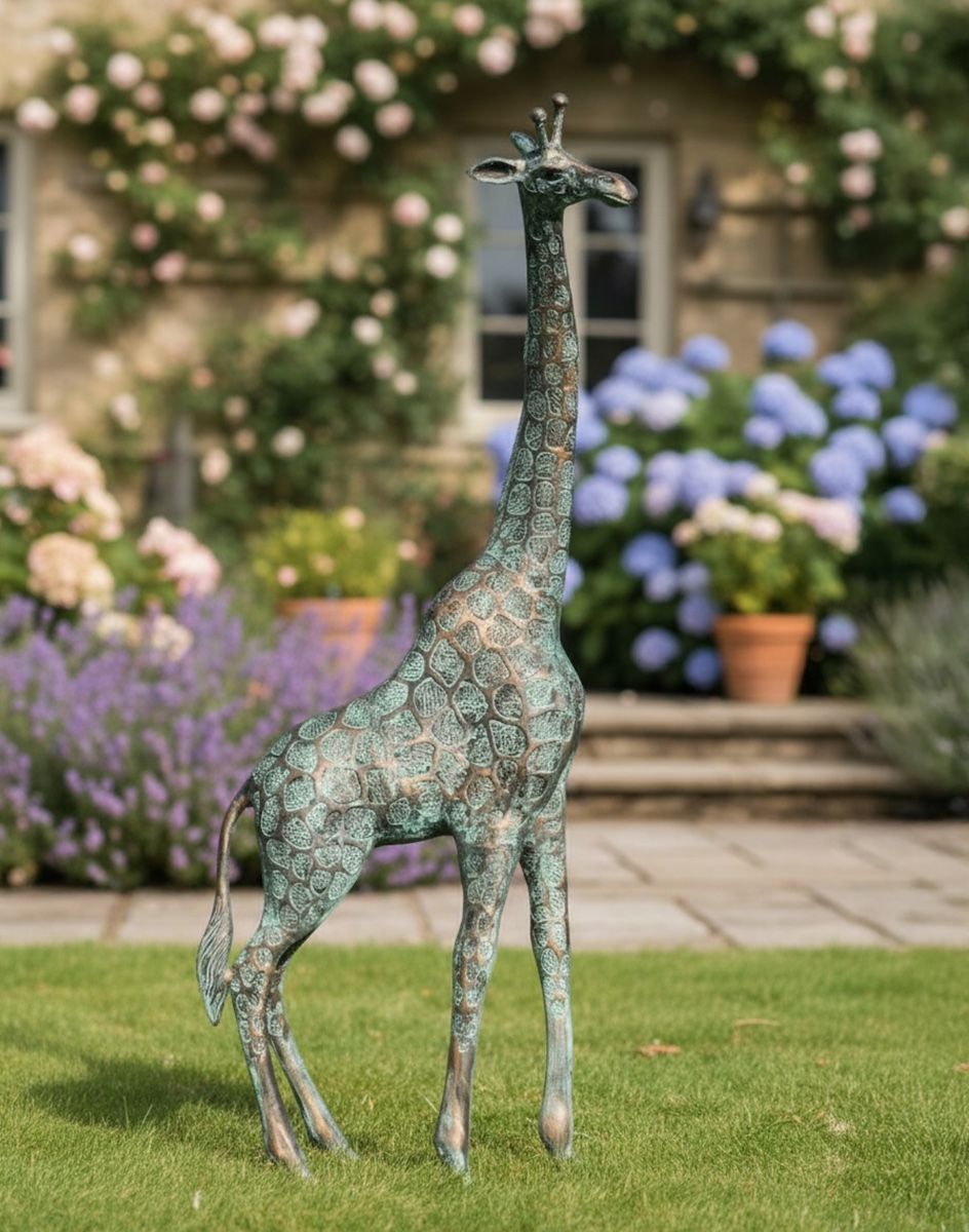 Digital Illustration of Verdigris Giraffe Cast Aluminium Sculpture in front of a Flower Covered Cottage