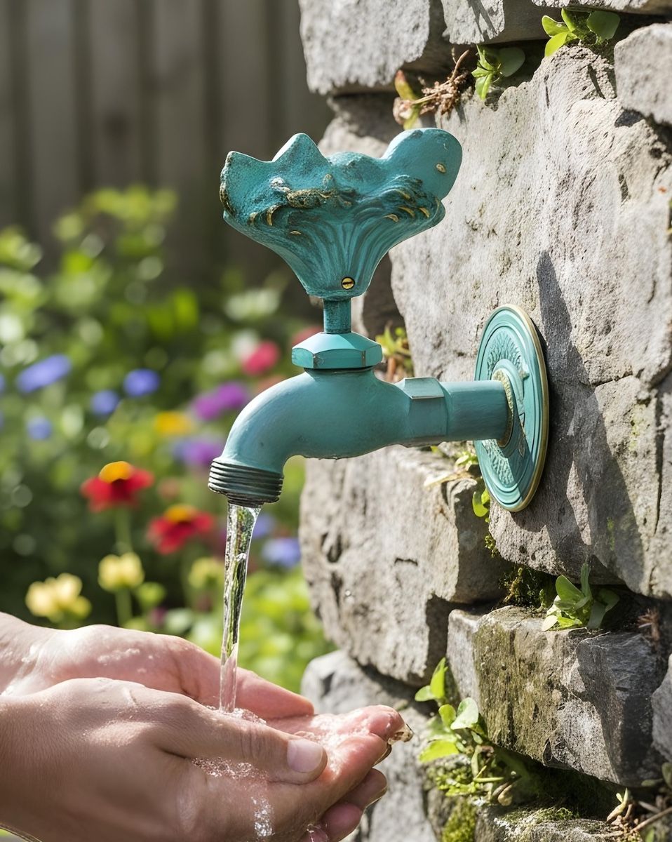 Digital illustration of Verdigris Toad In The Hole Garden Tap mounted on a brick wall with water flowing with hadns being washed underneath