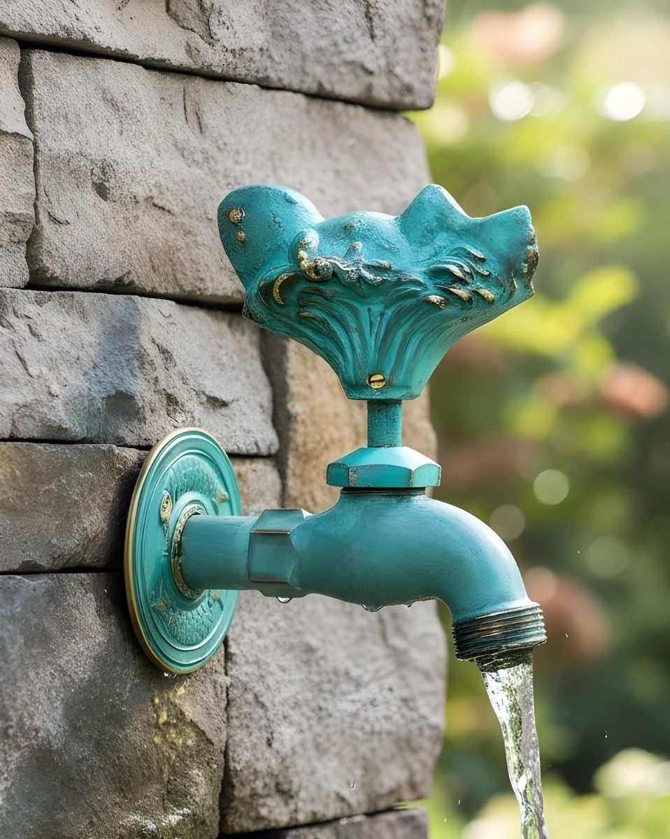Digital illustration of Verdigris Toad In The Hole Garden Tap mounted on a brick wall with water flowing