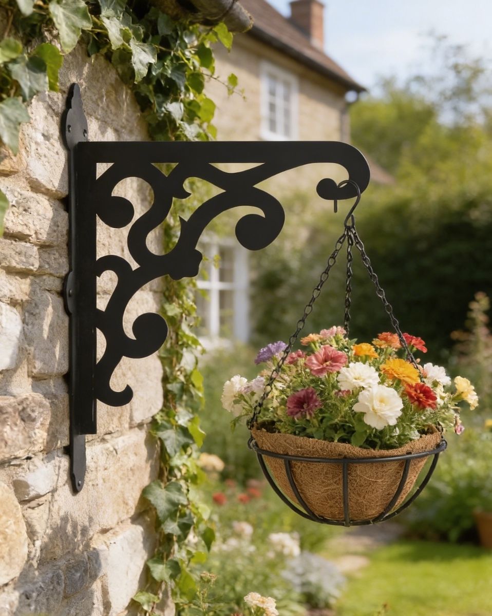 Digital illustration of Victorian Gingerbread Style Hanging Basket Bracket in front of a rose garden