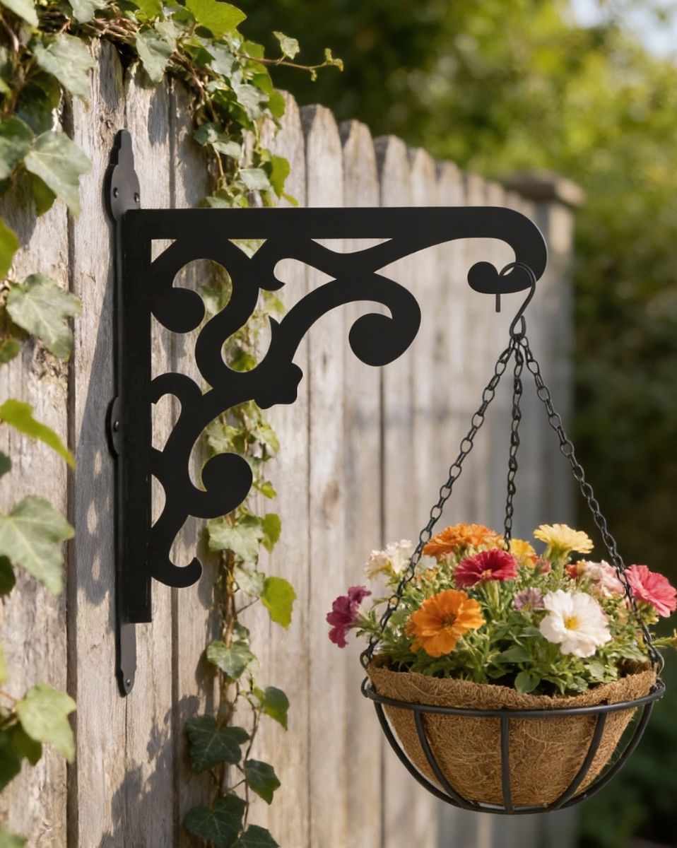 Digital illustration of Victorian Gingerbread Style Hanging Basket Bracket mounted on garden fence