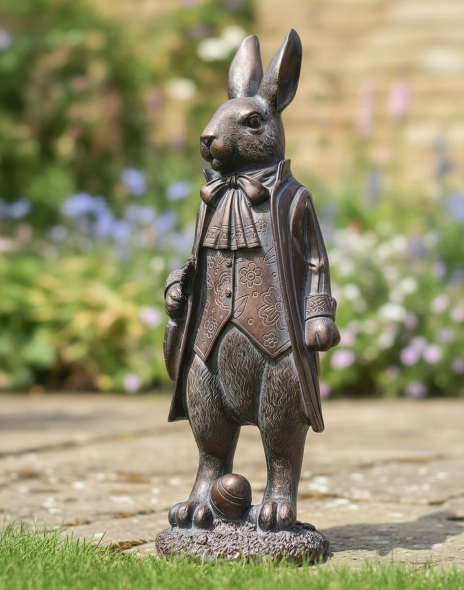 Digital Illustration of Victorian Mr Rabbit Garden Statue in a Sunny Walled Garden
