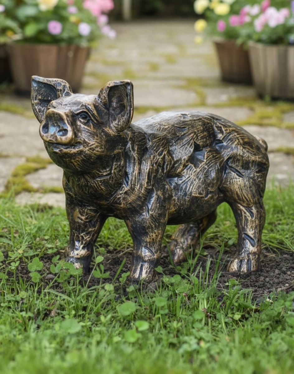 Digital illustration of a "Wilbur" the Piglet Garden Sculpture in front of a garden patio