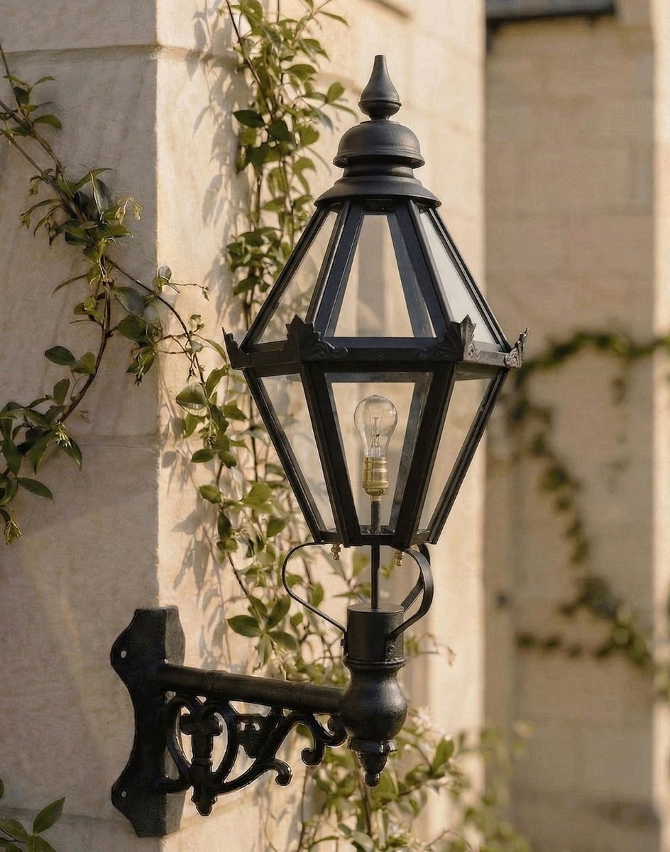 Digital Illustration of the Craven Lantern and Corner Bracket Mounted on a Sandstone Brick Exterior Wall