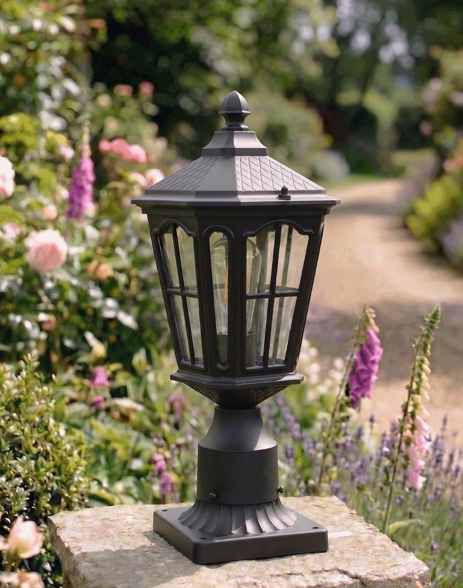 Digital Illustration of the 43.5cm Traditional Black Pillar Light Mounted on a Stone Garden Wall Pillar