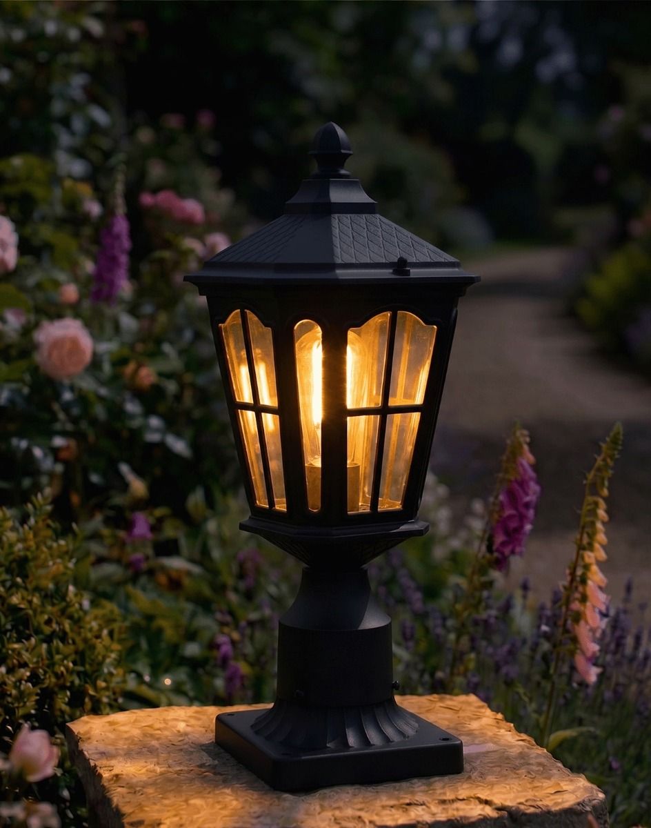 Digital Illustration of the 43.5cm Traditional Black Pillar Light Mounted on a Stone Garden Wall Pillar and Lit up at Night