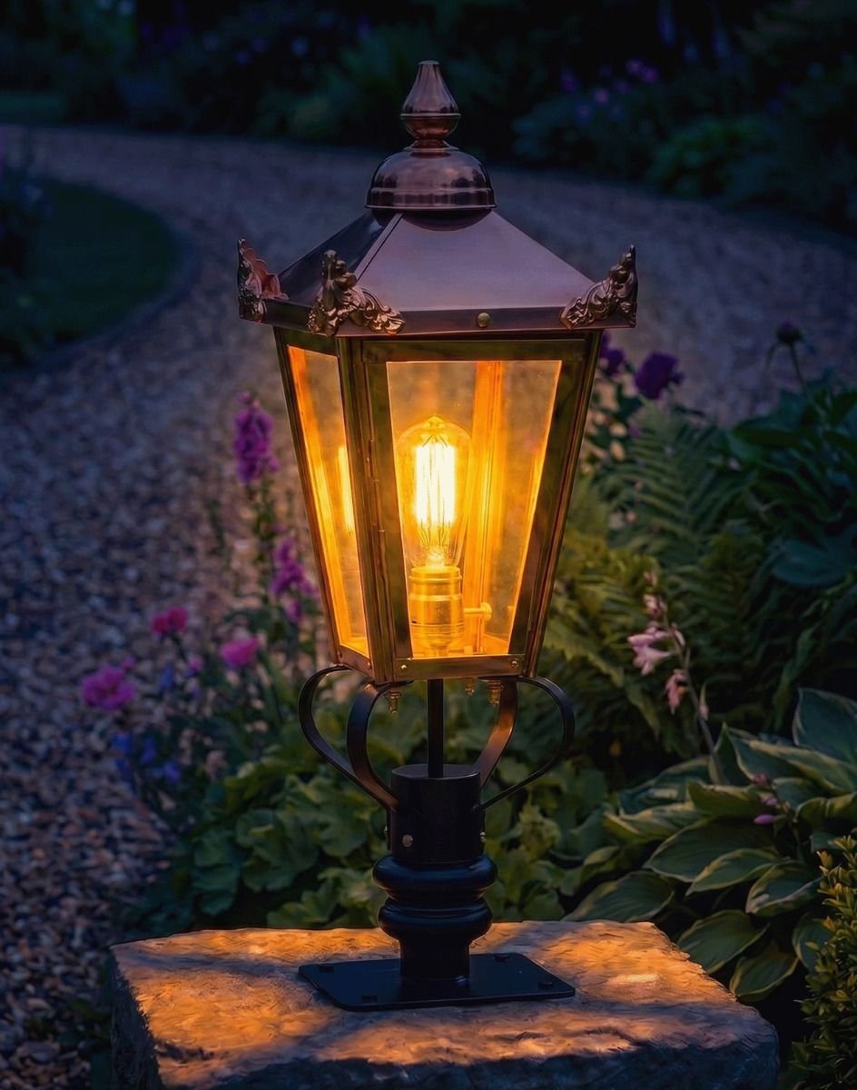 Digital Ilustration of the 83cm Copper Victorian Pillar Light and Lantern Set Mounted on a Stone Garden Wall Pillar and Lit up at Night
