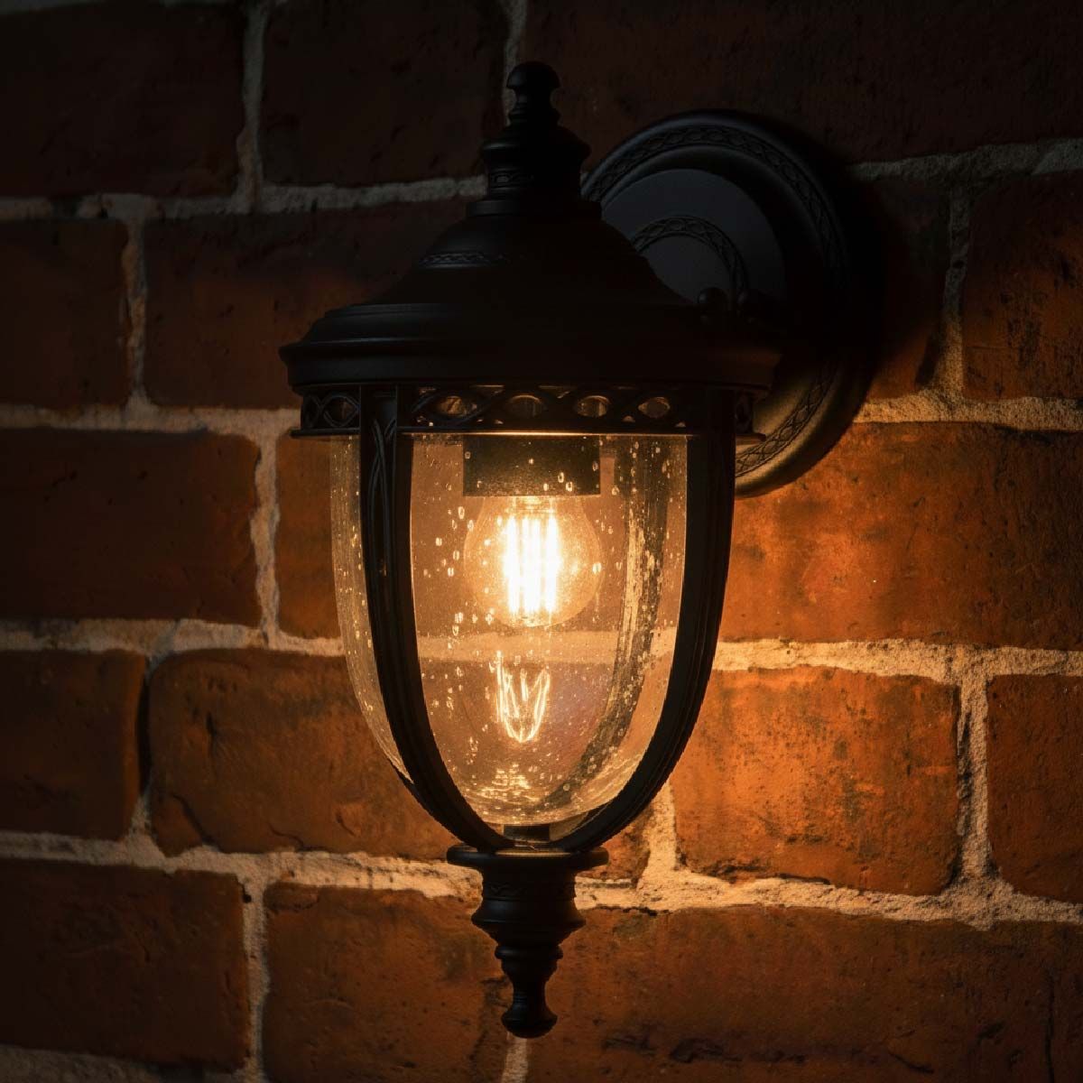 Digital representation of "Winsford" Traditional Top Fix Black Wall Lantern lit up at night