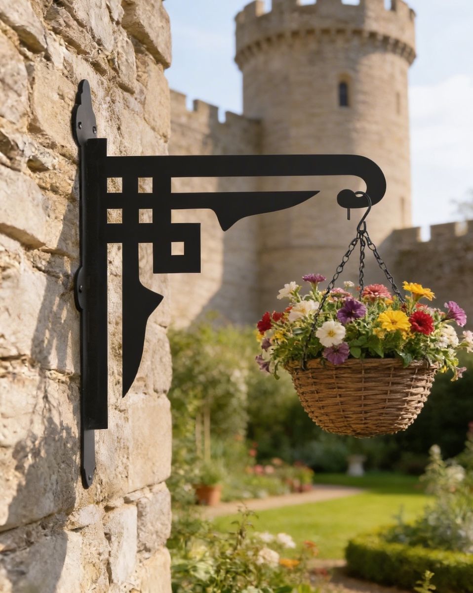 Digital representation of Art Deco Heavy Duty Iron Hanging Basket Bracket mounted in castle gardens