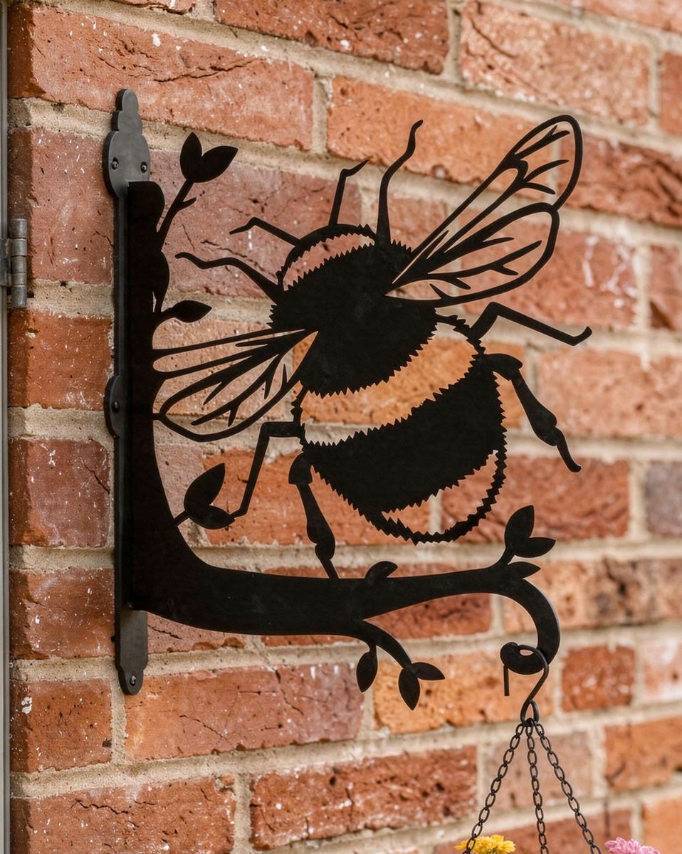 Digital representation of Bumblebee Hanging Basket Bracket mounted on a red brick wall