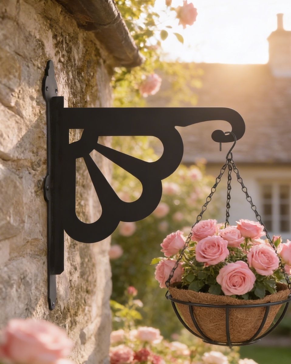 Digital representation of Clam Design Heavy Duty Iron Hanging Basket Bracket mounted on a cottage
