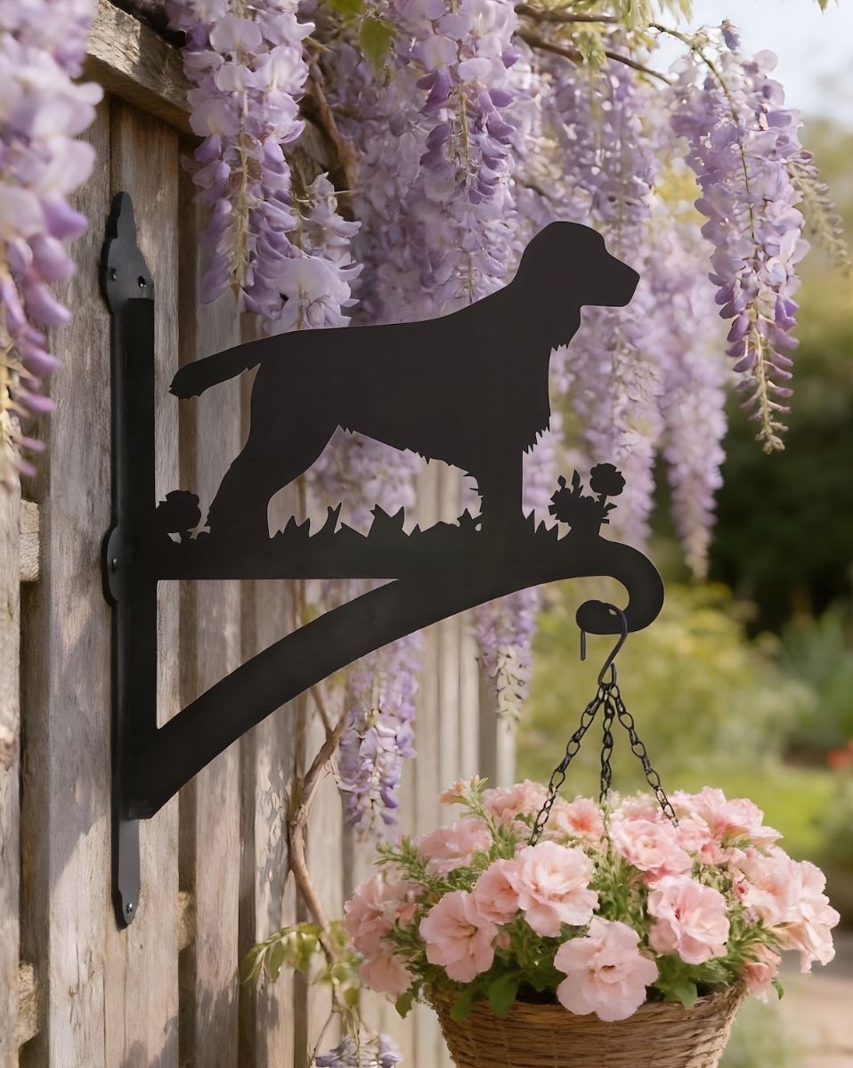 Digital Illustration of the Cocker Spaniel Iron Hanging Basket Bracket Mounted on a Rustic Fence