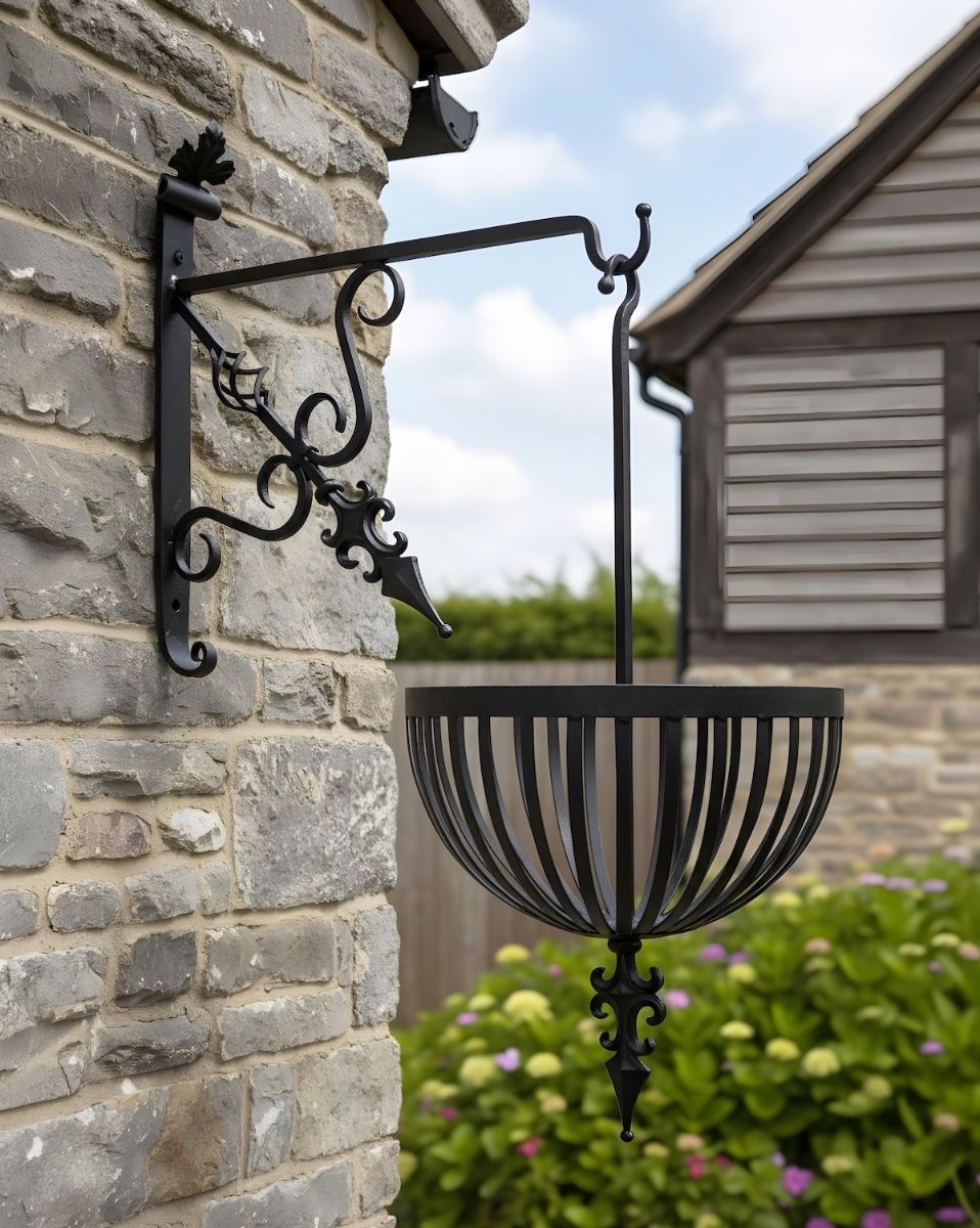 Digital Representation of “Fenwick” Hanging Flower Basket & Matching Bracket mounted on grey brick wall