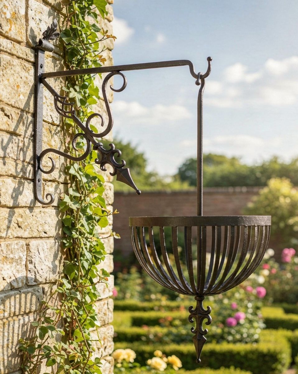 Digital Representation of “Fenwick” Hanging Flower Basket & Matching Bracket mounted on in a rose garden 