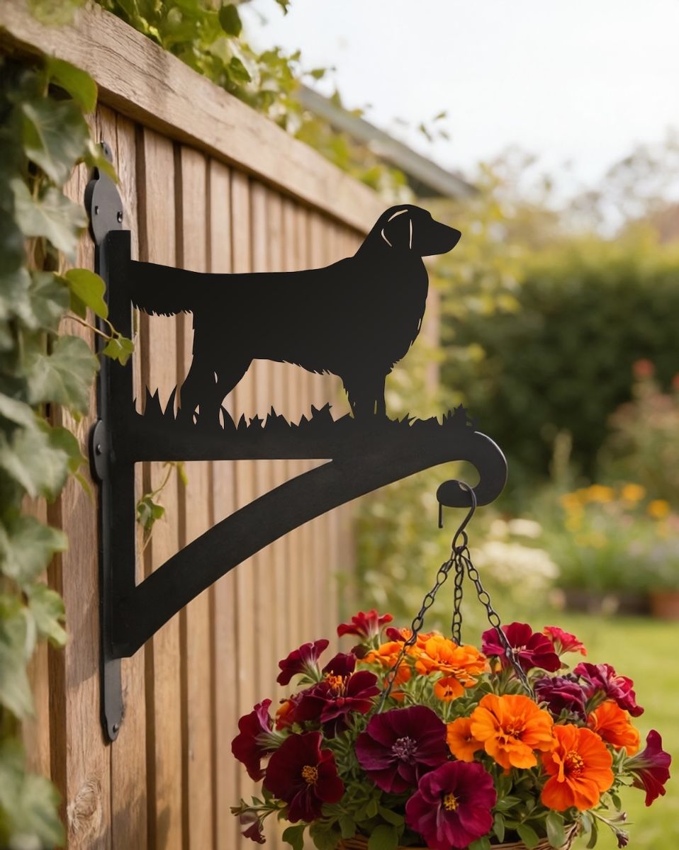 Digital Illustration of the Golden Retriever Dog Iron Hanging Basket Bracket Mounted on a Fence