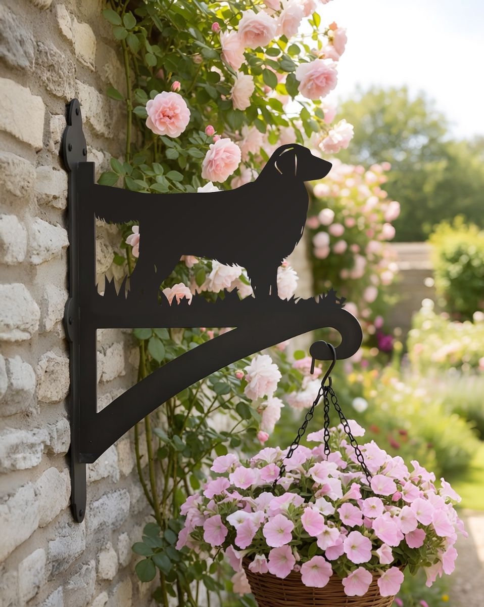 Digital Illustration of the Golden Retriever Dog Iron Hanging Basket Bracket Mounted on a Stone Wall