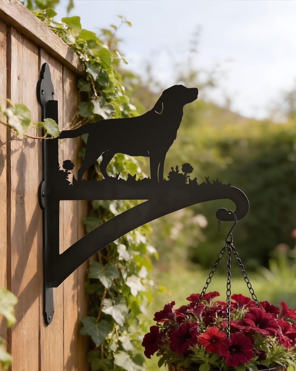 Digital representation of Labrador Iron Hanging Basket Bracket mounted on a fence