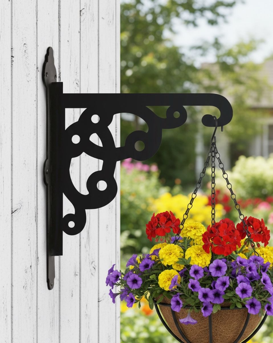Digital representation of Ornate Heavy Duty Iron Hanging Basket Bracket mounted on a summerhouse
