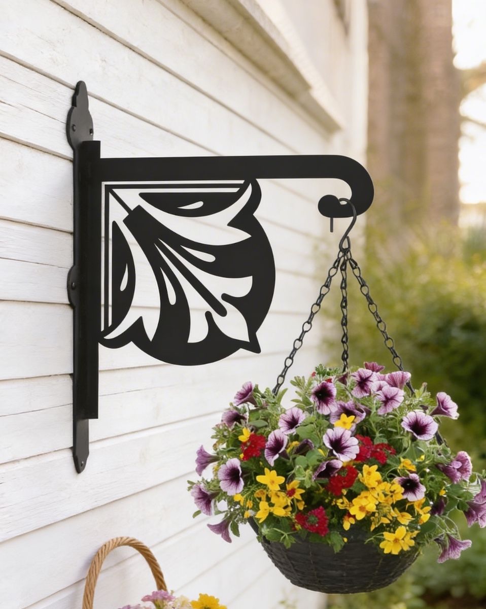 Digital representation of Retro Heavy Duty Iron Hanging Basket Bracket mounted on side of a shed