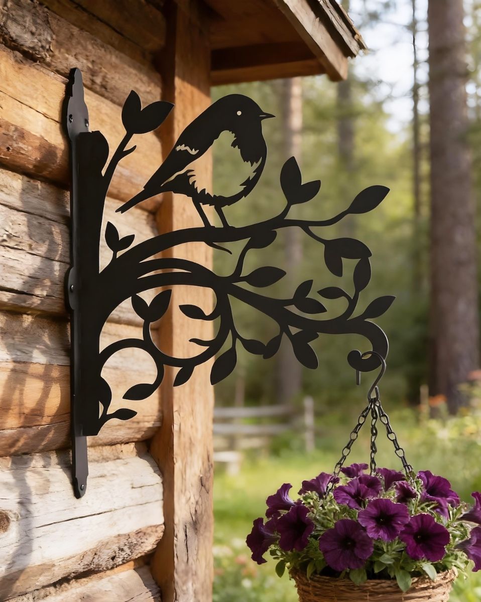 Digital Illustration of the Robin & Branches Iron Hanging Basket Bracket Mounted on Forest Lodge