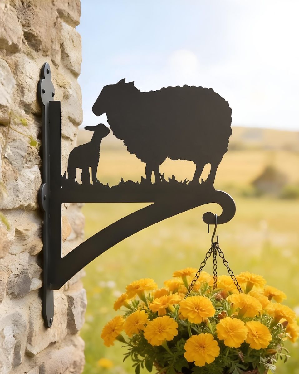Digital Illustration of the Sheep Iron Hanging Basket Bracket Mounted on a Farm Cottage