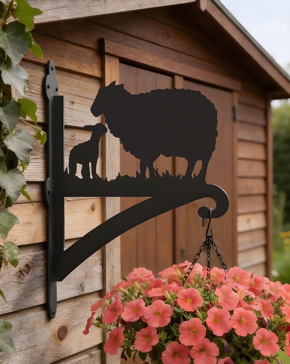 Digital Illustration of the Sheep Iron Hanging Basket Bracket Mounted on a Garden Shed