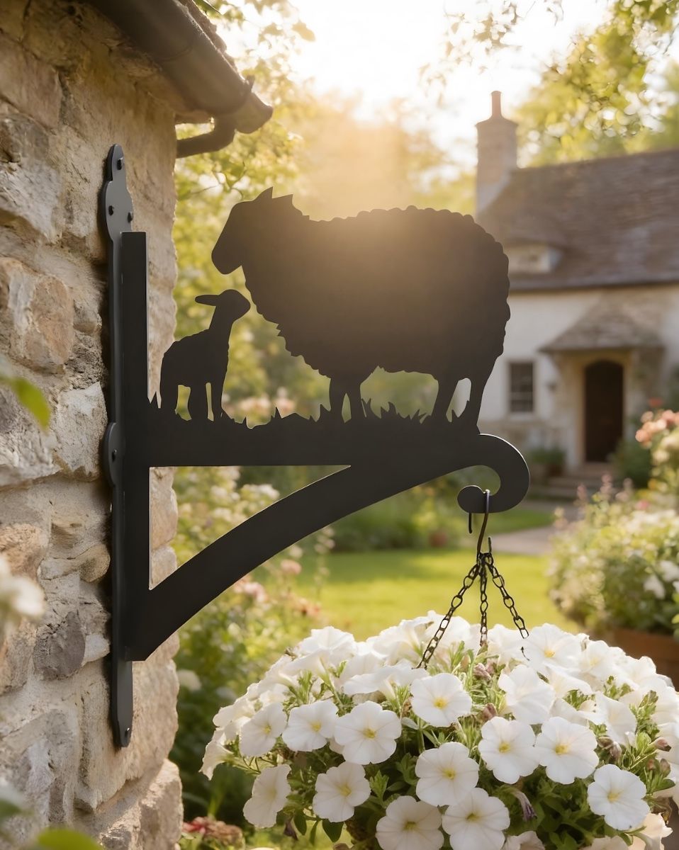 Digital Illustration of the Sheep Iron Hanging Basket Bracket Mounted on a Village Home