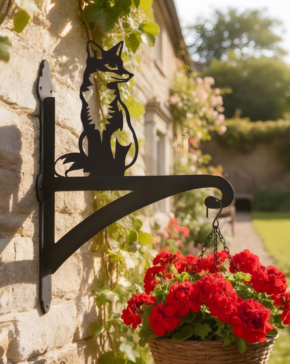 Digital Illustration of the Sitting Fox Iron Hanging Basket Bracket Mounted on a Garden Wall