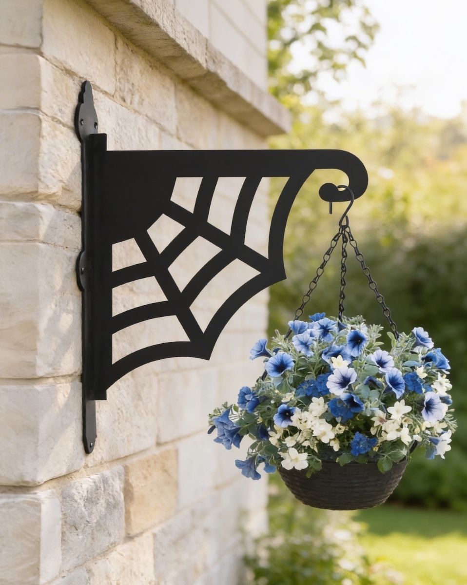 Digital representation of Spider Web Heavy Duty Iron Hanging Basket Bracket mounted on white brick wall