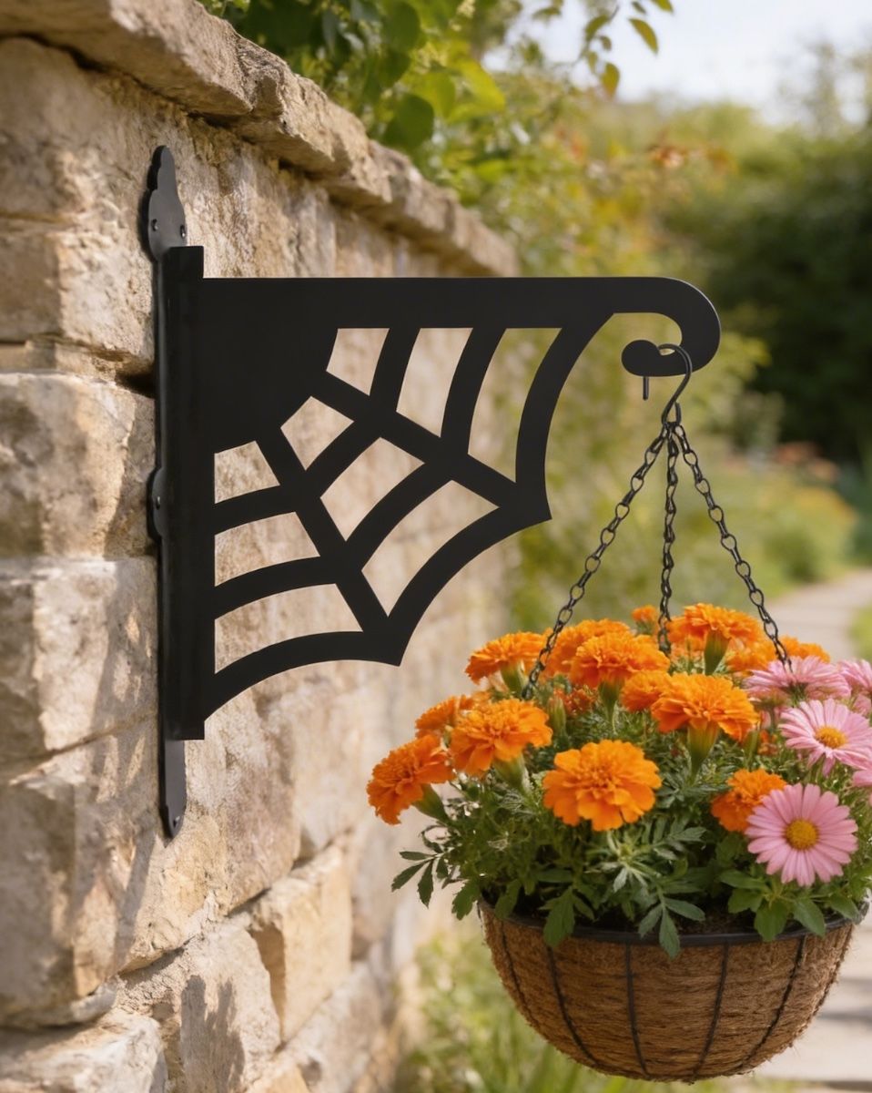 Digital representation of Spider Web Heavy Duty Iron Hanging Basket Bracket mounted on a brick wall