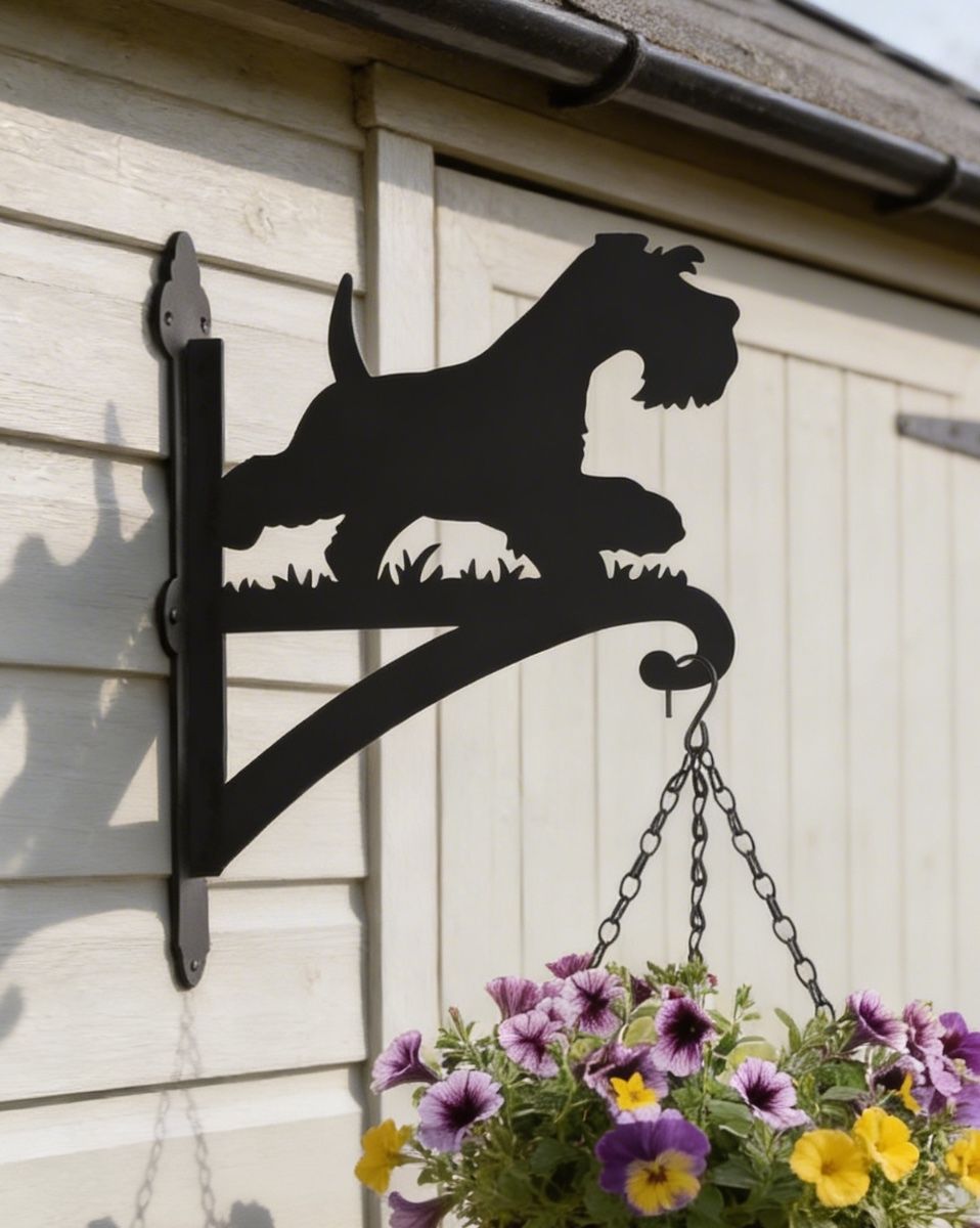 Digital representation of Steel Running Miniature Schnauzer Hanging Basket Bracket mounted on garage