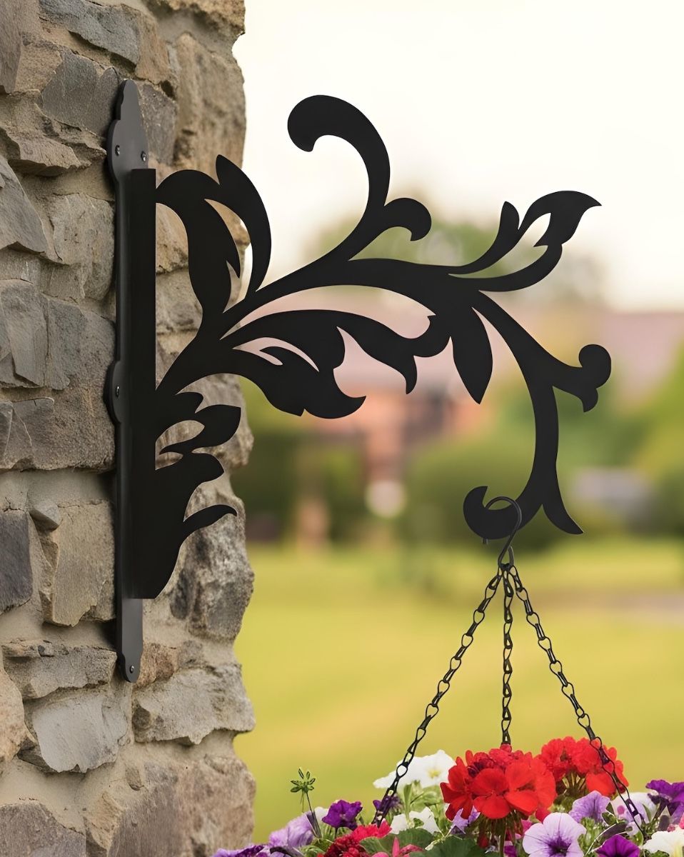 Digital Illustration of the Victorian Leaf Hanging Basket Bracket Mounted on Garden Wall