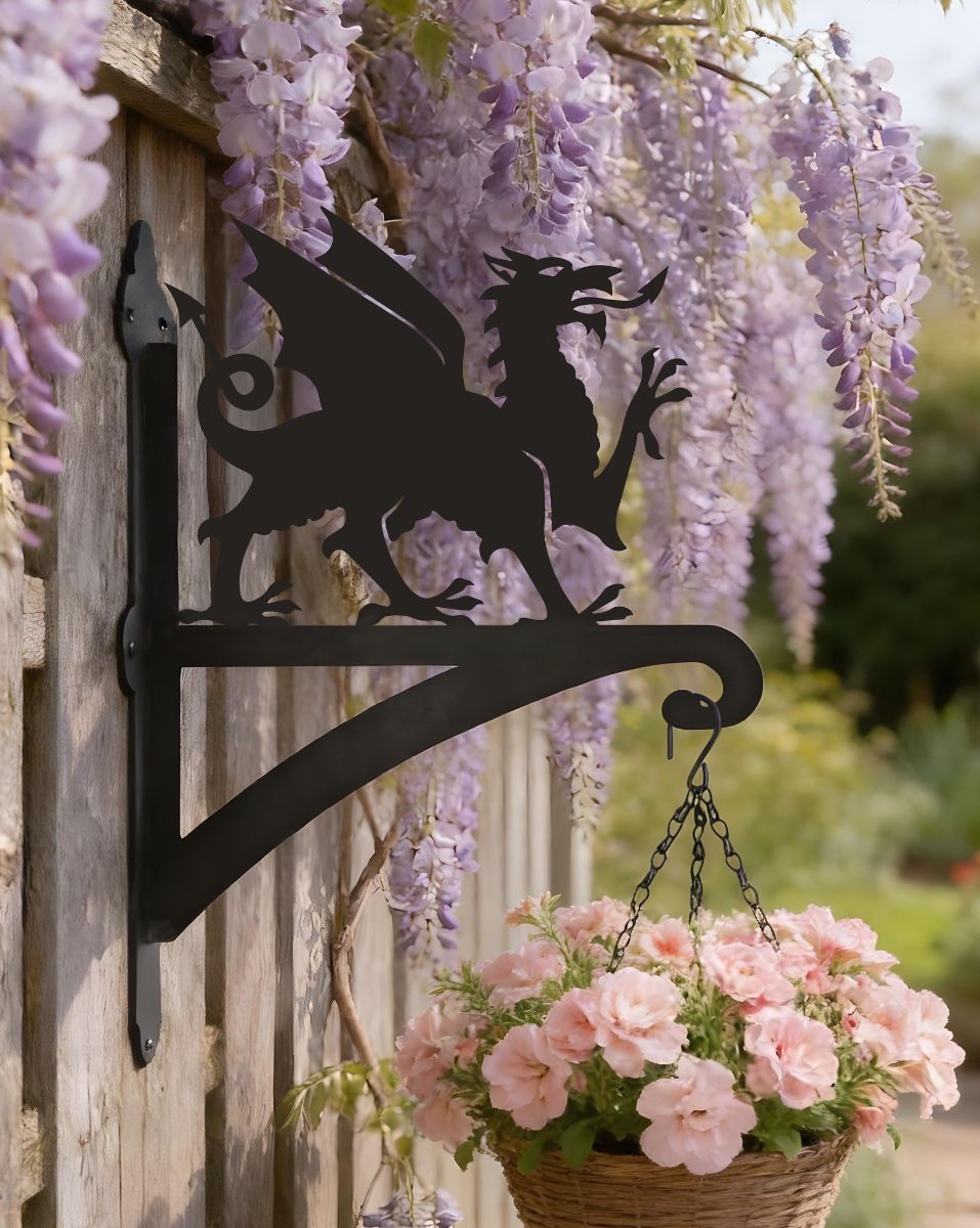 Digital representation of Welsh dragon hanging bracket mounted on rustic garden fence
