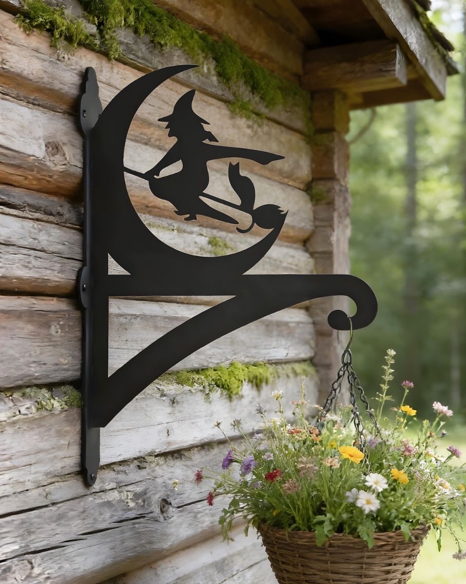 Digital representation of Witch Hanging Iron Basket Bracket mounted on a forest lodge