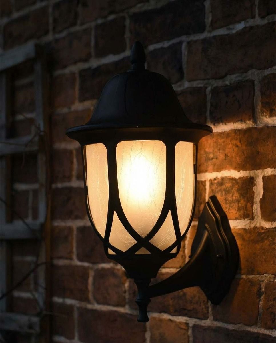 Traditional "Icy Splendor" Frosted Glass Bottom Fix Outdoor Wall Lantern Illuminated at Night