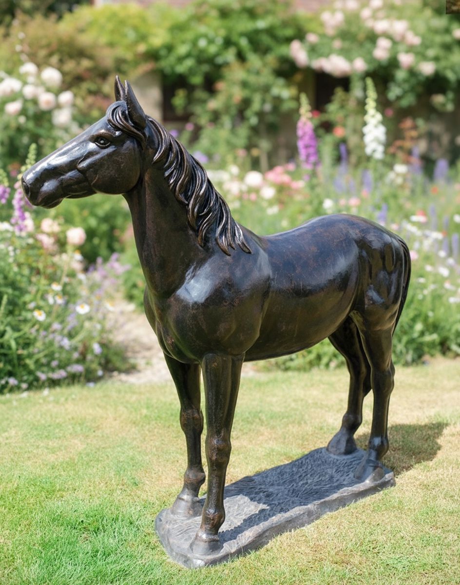 Digital illustration of Bronze Effect Horse With Base in a cottage garden