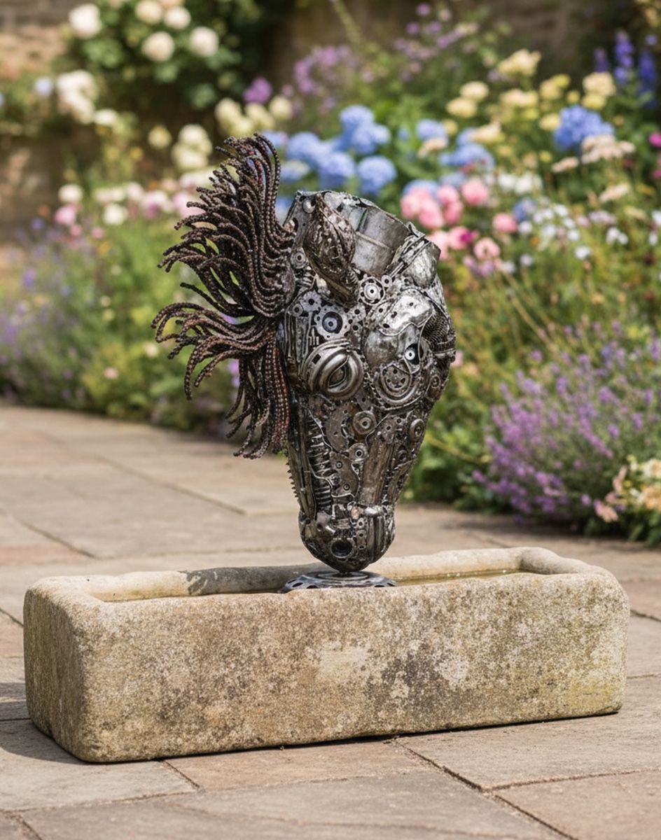 Digital illustration of the Heavy Duty Recycled Chain Metal Horse Head Ornament Sculpture full view on a garden path 