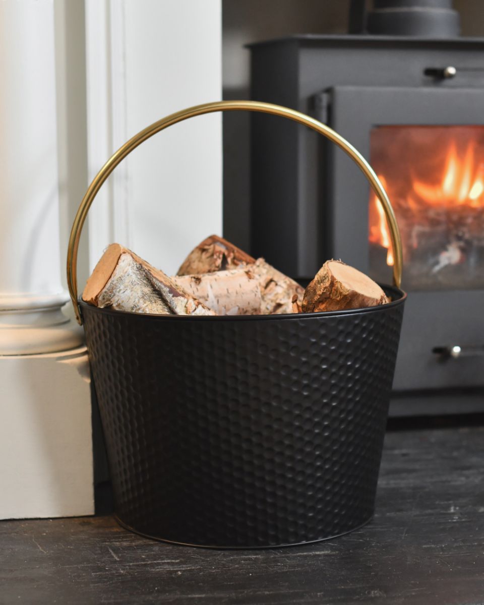 Large Black & Gold Dimpled Steel Log Basket By the Fire