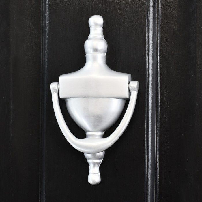 Silver Finish Urn Style Door Knocker on a Black Door