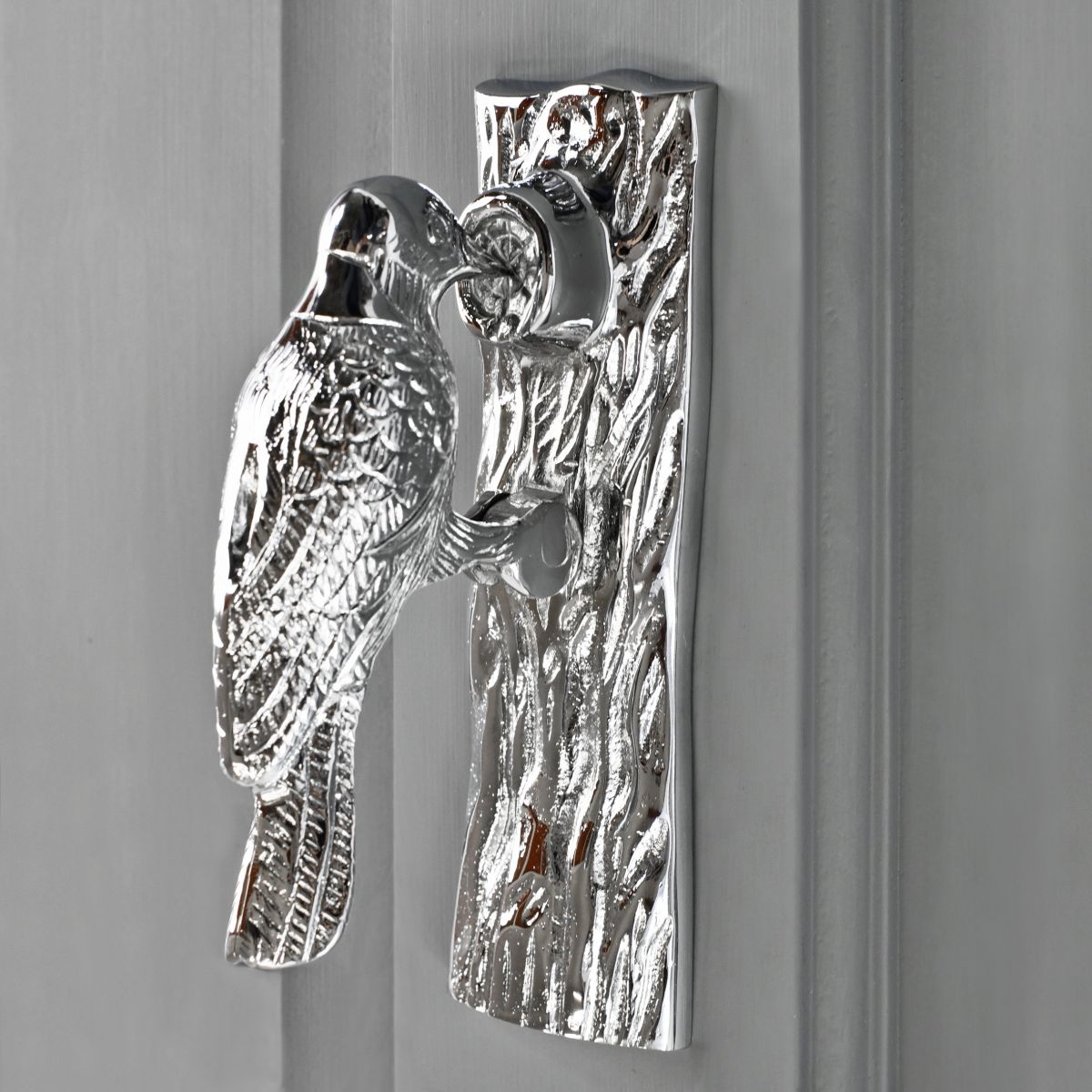 Bright Chrome Woodpecker Door Knocker