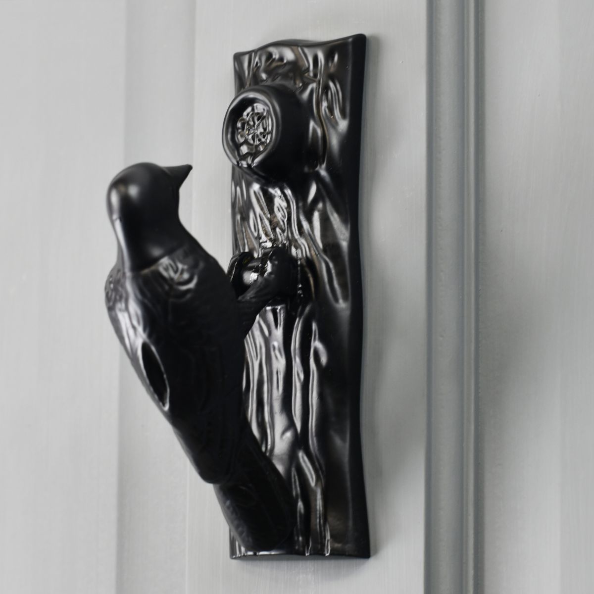 Black Woodpecker door knocker on Grey door