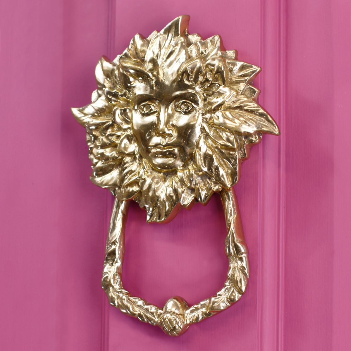 Polished brass Goddess Door Knocker on pink door