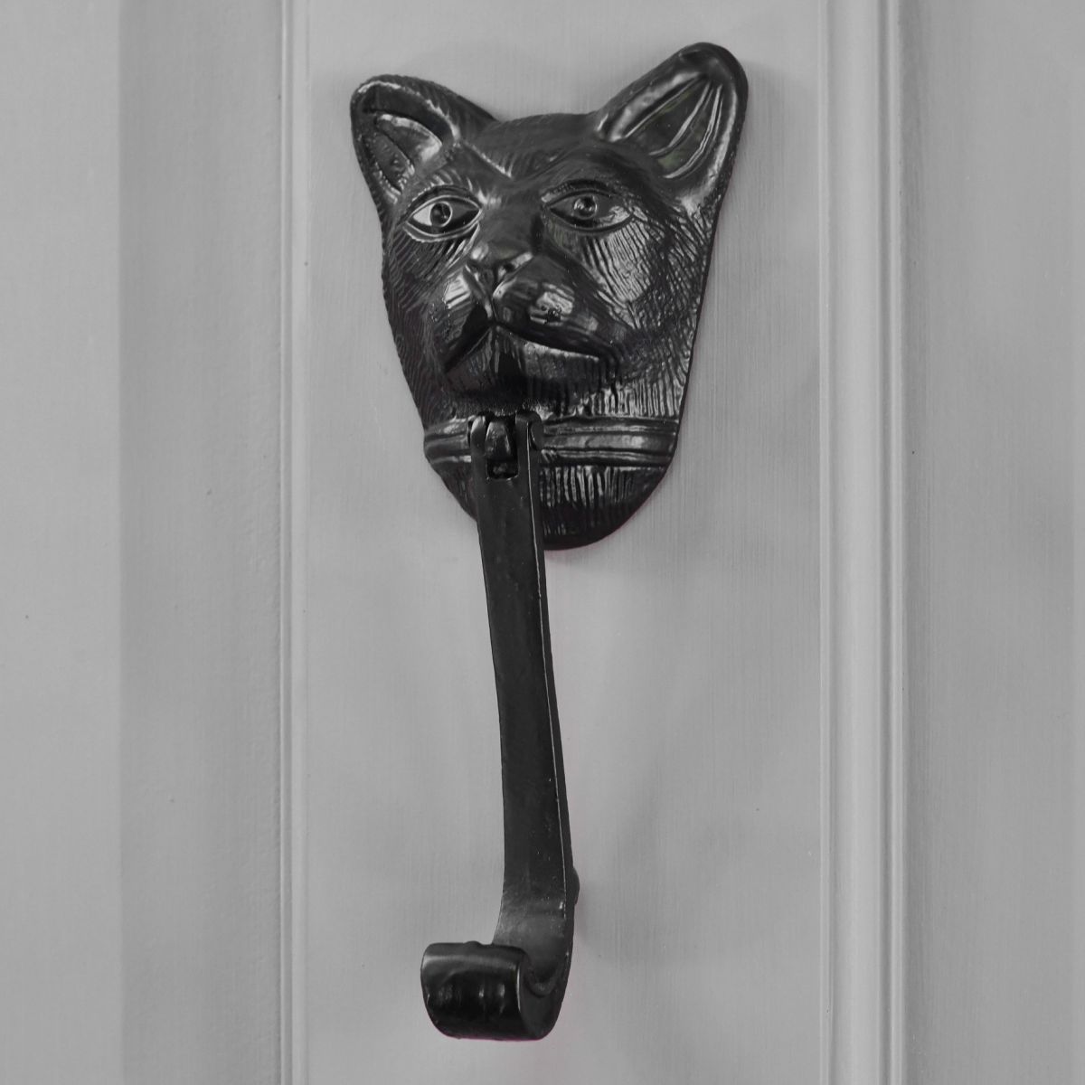 Black Cat Door Knocker on Grey Door