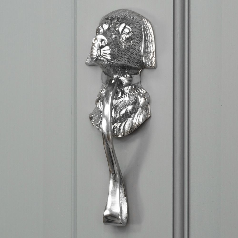 Bright Chrome Dog Door Knocker on Grey door Bright Chrome Dog Door Knocker on Grey door