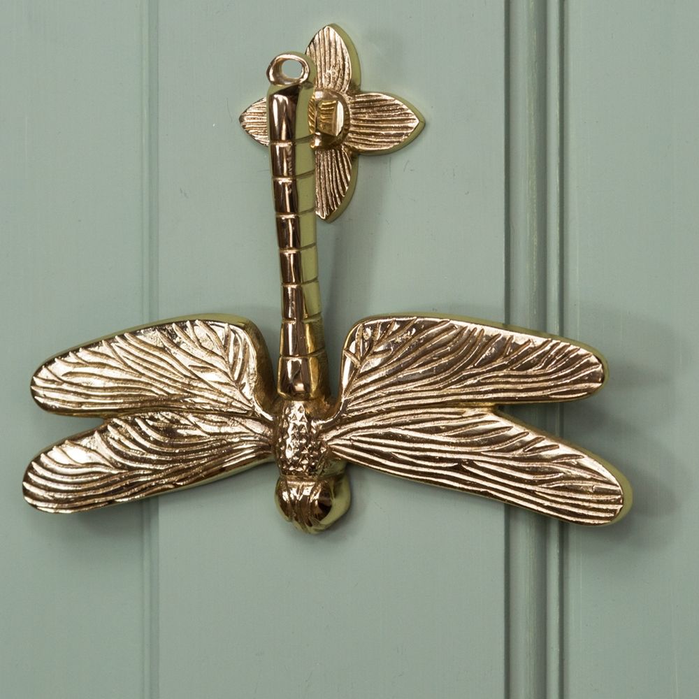 Dragon fly door knocker mounted on Green door