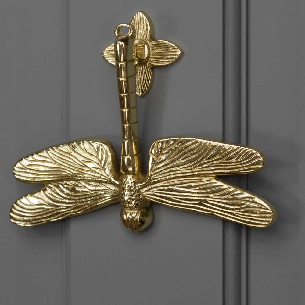 Dragon fly door knocker mounted on Grey door